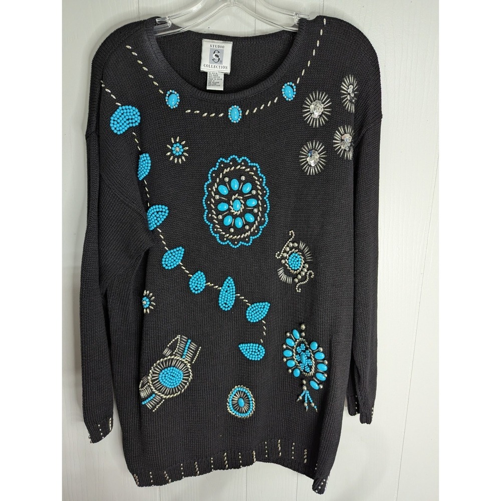 Vintage Studio Collection turquoise silver beaded long sleeve sweater womens M